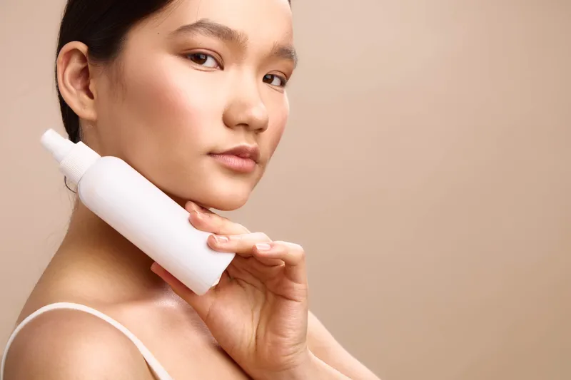 asian woman holds a skincare bottle near her face in a soft studio setting, showcasing clear skin and a calm expression, suggesting daily beauty routine and self care with gentle product use and self