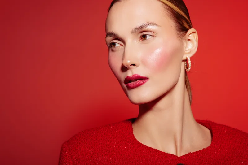 Close-up portrait of a woman with glossy red lips and glowing skin wearing a red top and gold hoop earrings against a red background. Concept of beauty, fashion, and makeup.