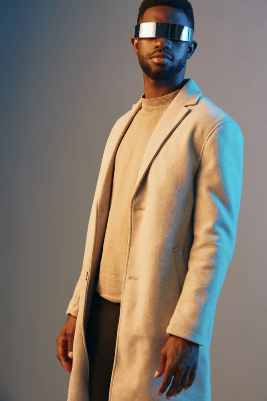 Stylish African man wearing a fashionable coat and futuristic sunglasses, showcasing modern fashion with a unique color palette