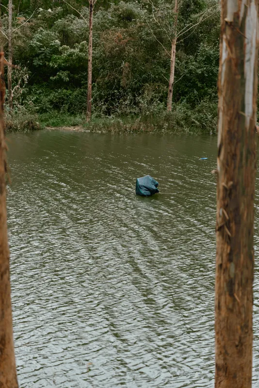 Submerged blue bag in tranquil lake surrounded by lush greenery, showcasing nature s beauty and calmness in an outdoor setting