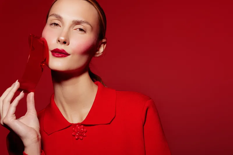 Portrait of a stylish woman with red lipstick and red outfit holding a red phone against a red background. Concept of fashion, beauty, elegance, and monochrome style.