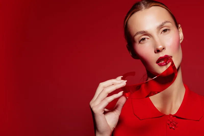 Portrait of a woman with red lipstick and red clothing holding a red transparent sheet against a red background. Concept of fashion, beauty, and bold color styling.