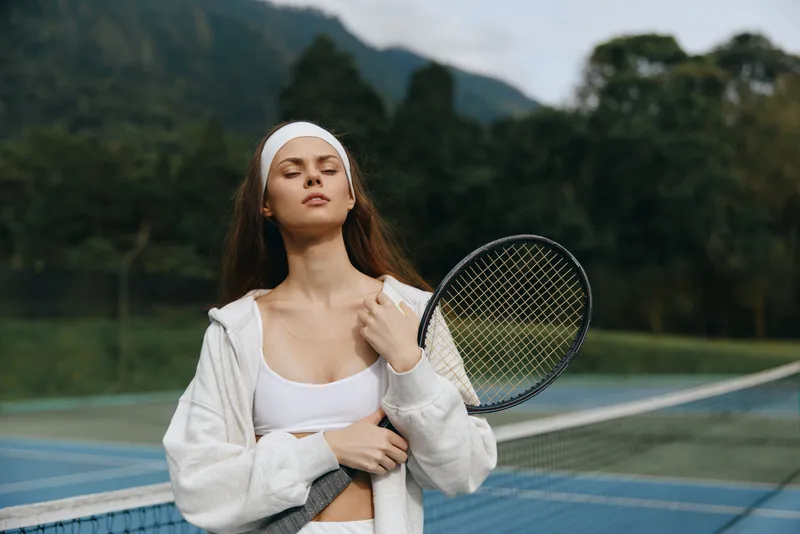Young woman in sportswear exuding confidence and tranquility on a tennis court amidst lush greenery, showcasing athleticism and dedication