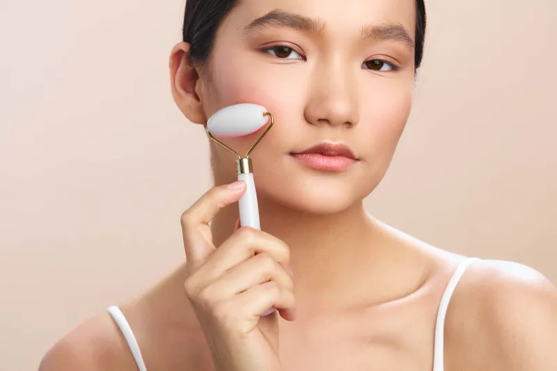 asian woman uses a facial roller in a serene beauty routine. She smiles softly, wearing light clothing in a calm setting, presenting a moment of self care and gentle skincare.