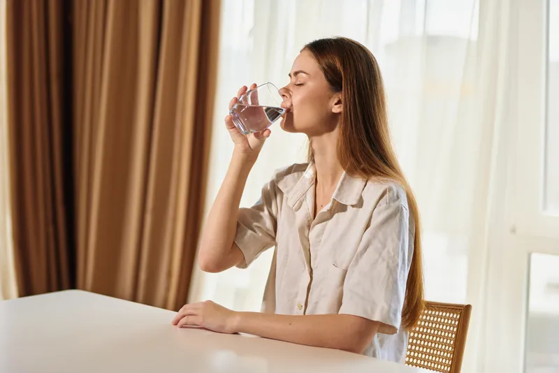 Woman drink water glass at table in home morning, casual shirt and relaxed pose by window with soft curtains, natural sunlight, healthy hydration and calm domestic routine.