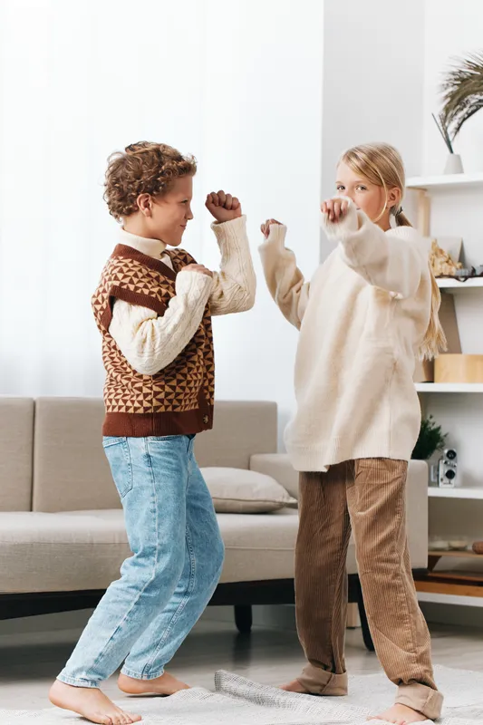Two children indoors playfully pose as if boxing, standing on a soft rug near a couch, wearing warm sweaters and jeans, sunlight streaming through a bright room.
