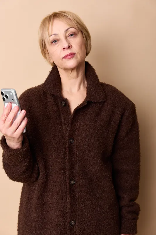 Woman smartphone portrait worried senior holding technology communication indoors beige background she looks concerned stress concept loneliness sadness digital anxiety