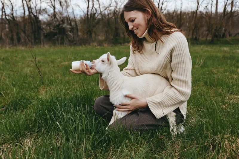 Smiling woman in a knit sweater bottles feeds a young goat in a grassy field, illustrating a gentle lifestyle moment of care, nature, and connection with soft lighting for warmth