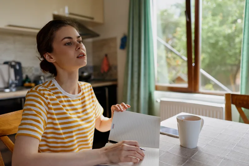 A young woman sits at a kitchen table in a striped shirt, reading a notebook with a thoughtful expression as daylight fills the bright room.