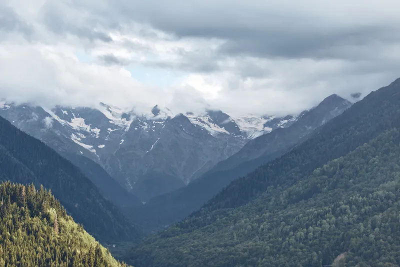 Majestic mountain landscape with forested slopes and distant snow capped peaks under a cloudy sky, conveying a serene expansive nature scene suitable for travel and outdoor features
