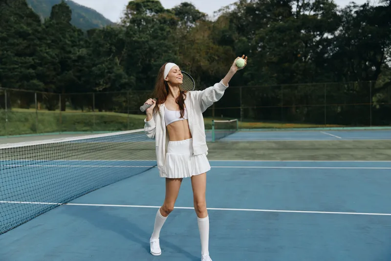 Young fitness woman in tennis attire joyfully holding an apple on a tennis court surrounded by greenery Healthy lifestyle concept with a seasonal touch