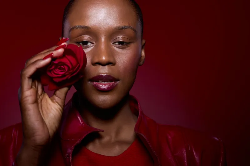 Close-up of a confident African woman with dark skin holding a red rose near her face. She wears a red leather jacket against a deep red background. Concept of beauty and elegance.