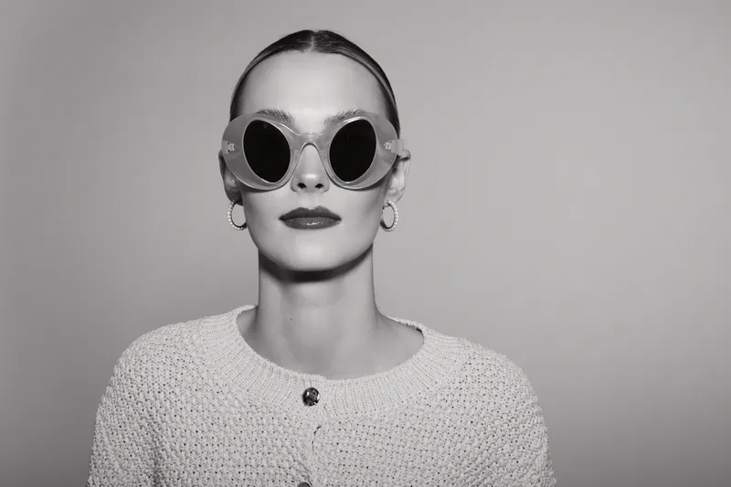Elegant white woman with pale skin and slicked-back hair wears round sunglasses and a textured cardigan. Studio portrait with minimalistic style and confident expression.