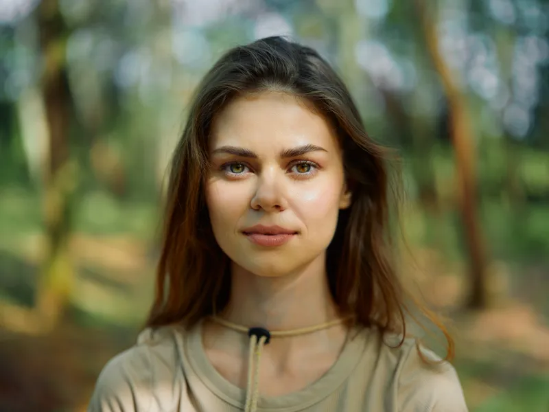 Woman portrait outdoors in a forest nature scene, young female face with brown hair and natural makeup, soft sunlight on skin, calm expression and shallow depth of field.