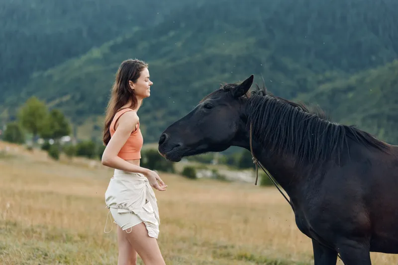 A young woman wearing an orange top and light shorts stands in an open meadow, facing a black horse. The scene captures calm interaction, natural light, and a gentle, curious atmosphere.