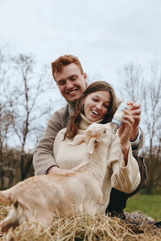 Cheerful couple outdoors, smiling with a goat kid, warm sweater moment, gentle interaction, sunlight and natural tones, rural setting, relaxed affection, candid lifestyle scene, goats companion in