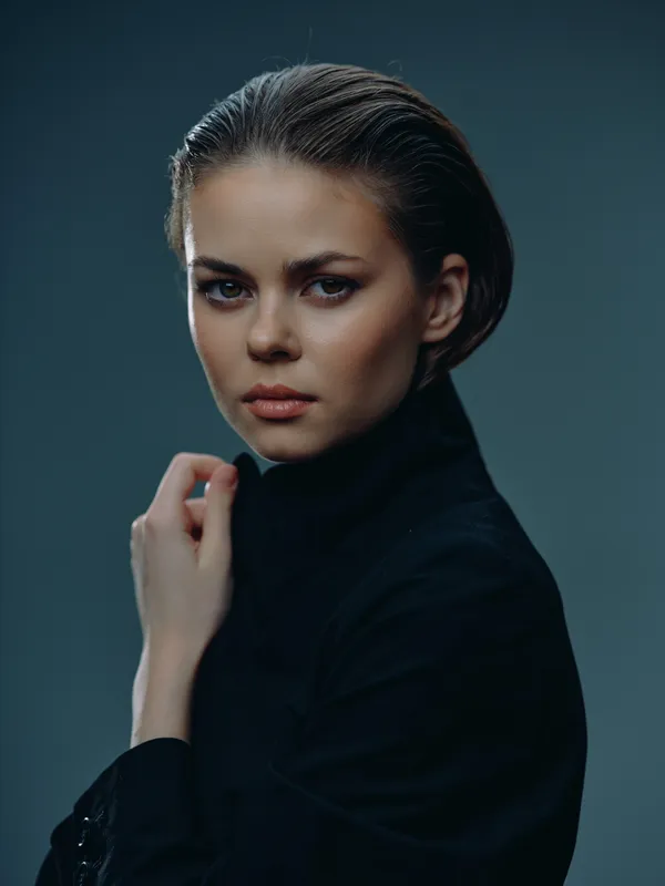 serious woman in black turtleneck with intense expression and smooth hairstyle against dark background
