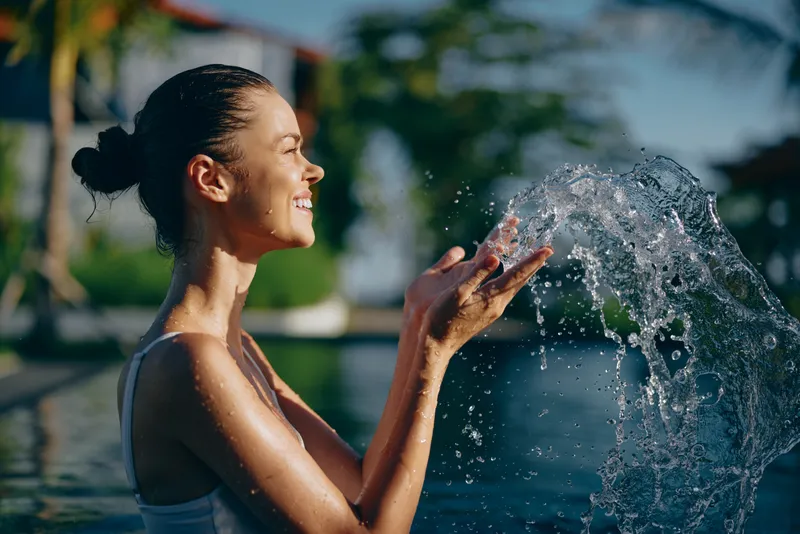 Young woman enjoys a refreshing moment by a water fountain, smiling as spray arcs from the jet in a sunny outdoor setting, a candid lifestyle scene with warm light and relaxed mood, bright.