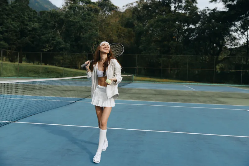 Cheerful young female tennis player enjoying her game on a blue tennis court, dressed in stylish athletic wear, exuding confidence and joy