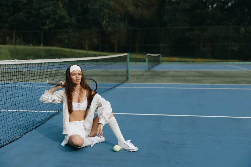 Athletic young woman relaxing on a tennis court in sporty attire, showcasing confidence and style while surrounded by greenery and vibrant colors