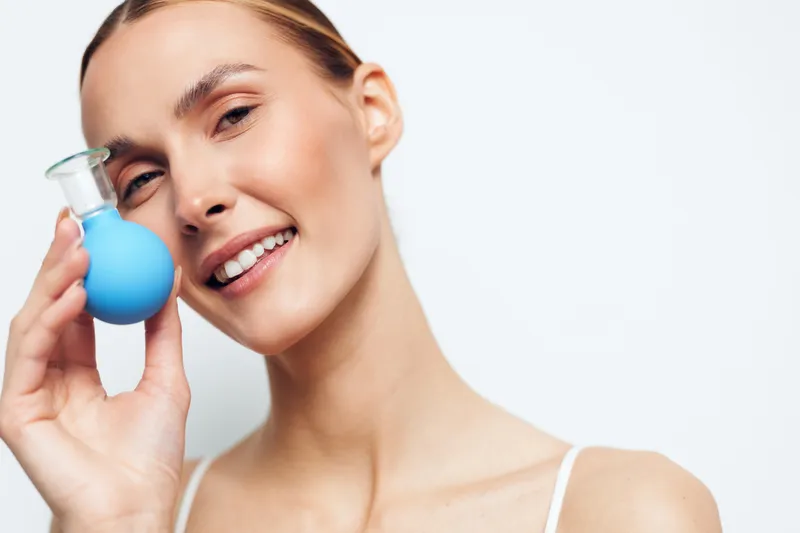 Young woman with clear skin smiles while holding a blue cosmetic bottle near her face against a white background in a skincare concept image.