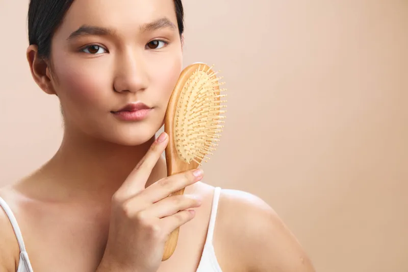 Asian woman holds a wooden brush near her face in a soft studio portrait. She gazes calmly at the camera, radiating gentle beauty and self care in a serene, minimal setting with warm light.