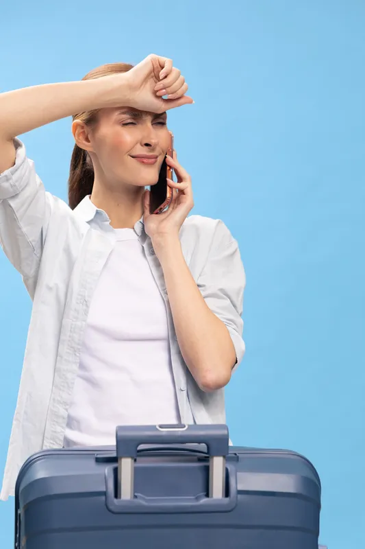 Smiling woman in white shirt talks on phone with hand on forehead, standing behind blue suitcase. Concept of travel, communication, vacation, and positive emotions on blue background.