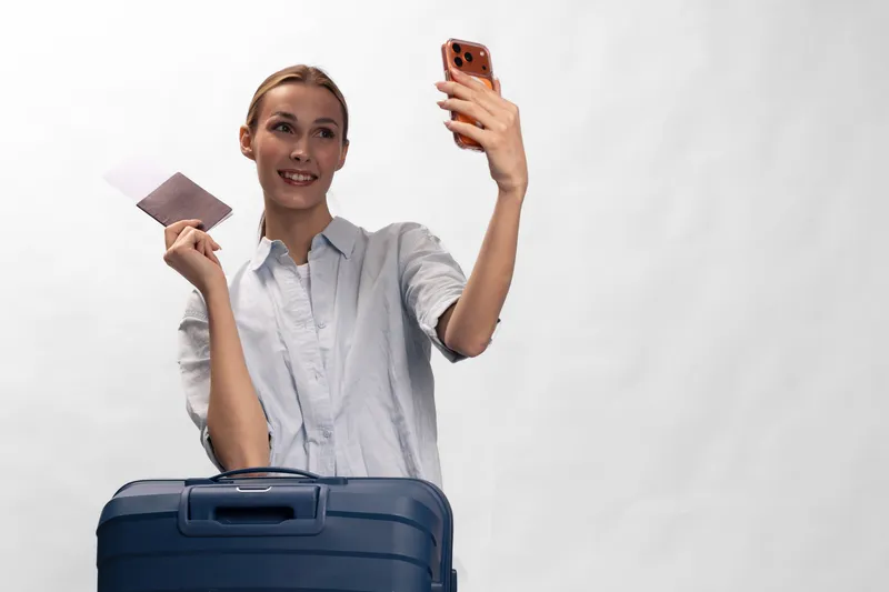 Smiling young woman in white shirt holding passport and smartphone taking selfie near blue suitcase. Concept of travel, vacation, tourism, and modern digital lifestyle with happy tourist woman.