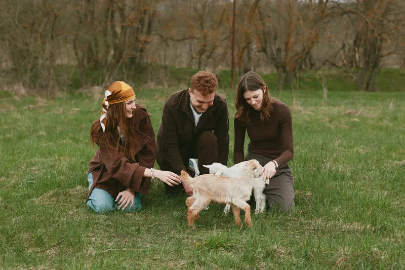 Goat kid animal family outdoor field nature interaction three people gently guide a playful goat kid in a grassy field, capturing a warm, candid moment of care and connection