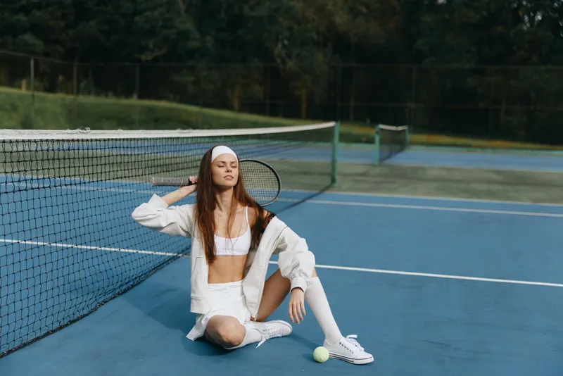 Young woman in white sportswear on a tennis court, showcasing relaxed emotions and athletic style, perfect for fitness and sports themed content