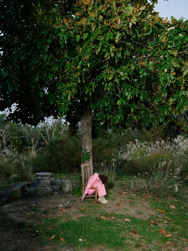 child girl tree outdoors sitting pink dress park nature leaves ground in a quiet outdoor scene a young girl sits beneath a leafy canopy with calm mood and gentle sunlight in a tranquil setting