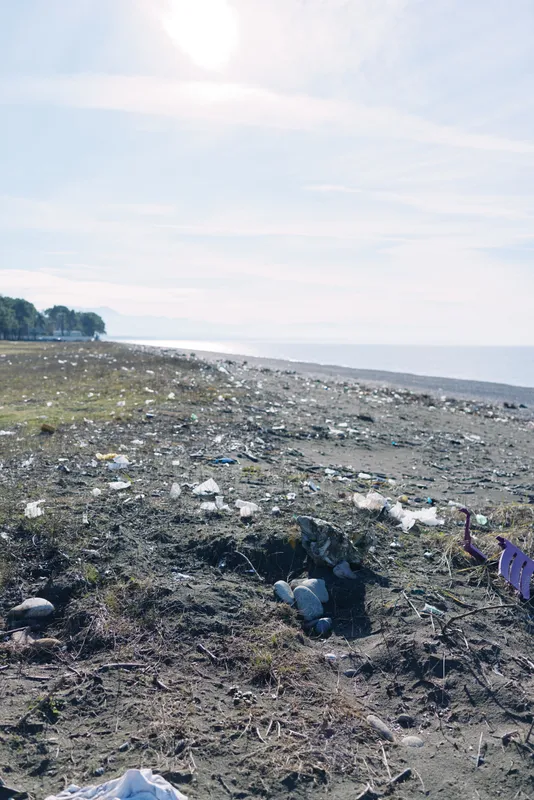 Beach litter and plastic debris line the shoreline under a clear sky, with distant trees and calm sea, illustrating pollution, waste, and the need for coastal cleanup.