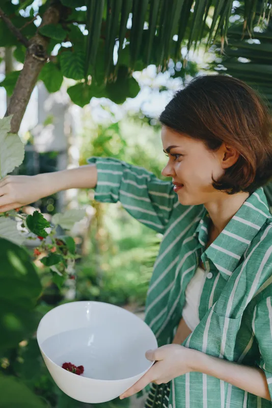 A woman gathers berries from a lush garden, holding a white bowl as she reaches for ripe fruit.
