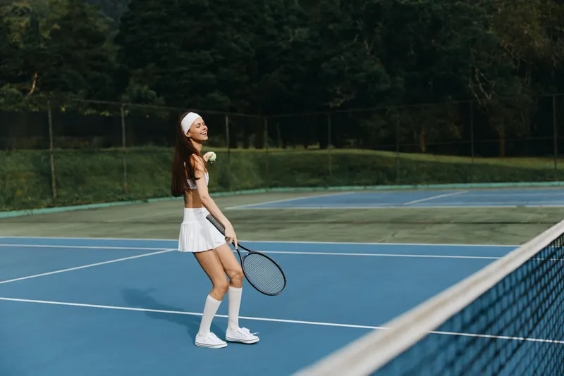 Young female tennis player in a white sports outfit smiling joyfully on a blue tennis court surrounded by greenery Perfect for wellness and sports themes