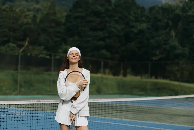 Young female tennis player smiling confidently on the court in a stylish white outfit with a racket, surrounded by greenery, embodying a vibrant and active lifestyle