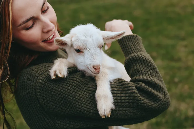 Joyful woman embraces a playful goat kid in a countryside setting, wearing a knitted sweater, warm smile and affectionate mood, lifestyle moment captured outdoors with soft natural light.