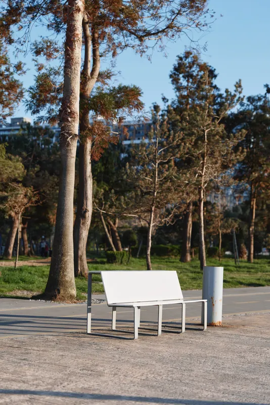 A white bench in a quiet park bathed in daylight, surrounded by trees, inviting calm, relaxation, and solitude in an urban green space.