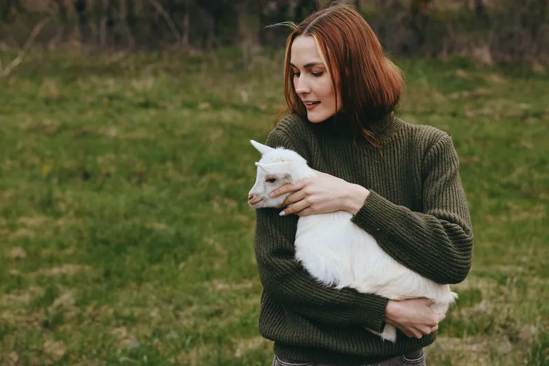 Woman in a dark sweater cradles a white goat kid in a grassy field, gentle interaction outdoors. Lifestyle, animal care, and pastoral serenity conveyed through natural light.