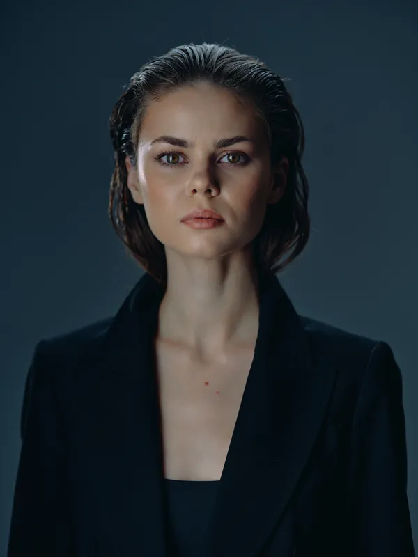 serious woman in black blazer with wet hair looking at camera on dark background