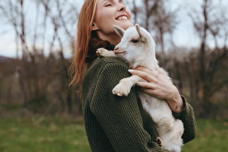 A smiling woman in a green sweater holds a young goat kid close in a sunlit outdoor setting, capturing a warm lifestyle moment with animal companionship and gentle care, a peaceful bond.