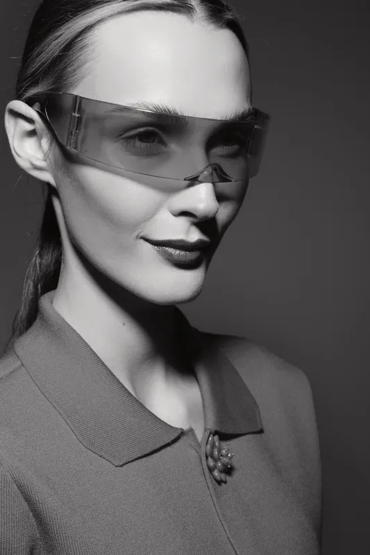 Elegant caucasian woman with pale skin wearing oversized transparent sunglasses and a collared shirt. Studio portrait with dramatic lighting and confident expression.