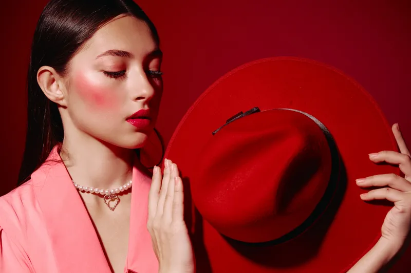 Elegant young woman with bright makeup in a pink jacket holds a large red hat near her face. Studio shot with red background for beauty fashion and creative style concepts.