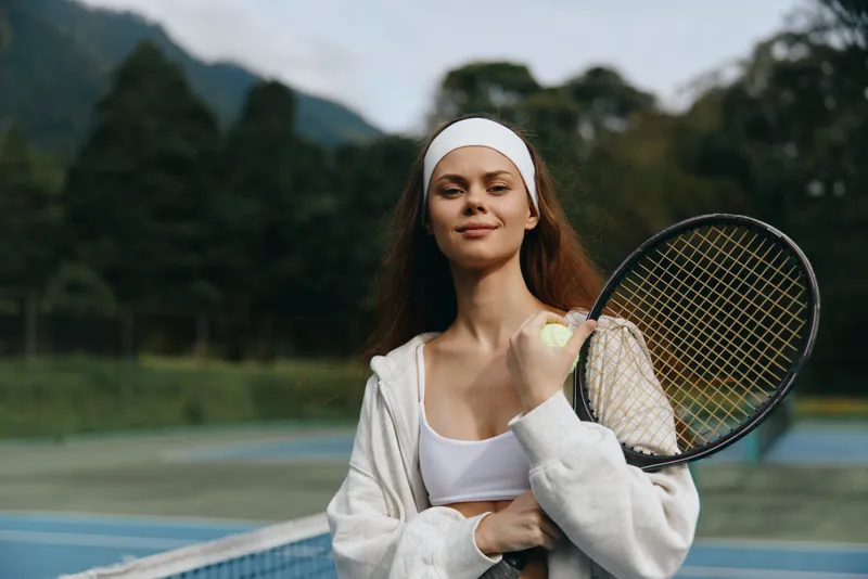 Young female tennis player smiling on court, wearing sporty outfit and headband, showcasing confidence against a natural background Sports, Tennis, Fitness