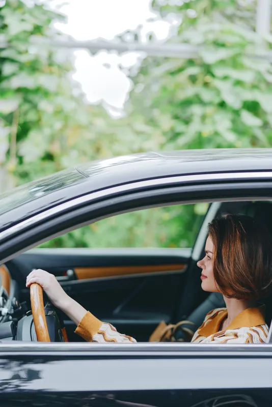 A woman sits in a car, hands on the steering wheel, in profile as she drives, framed by the sleek interior and blurred greenery beyond the window.