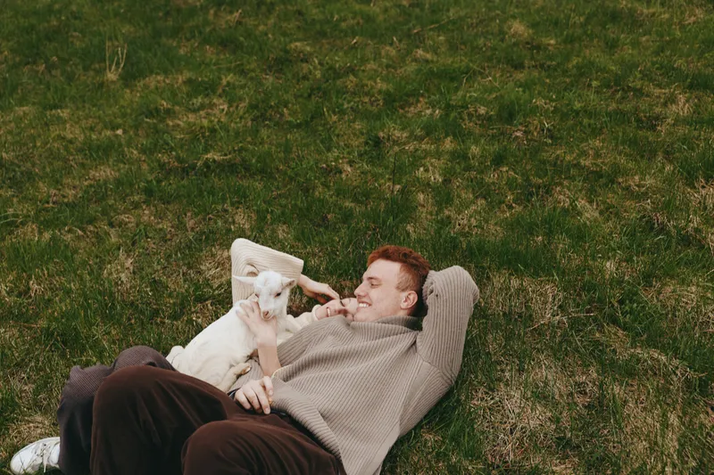 Goat kid beside a man outdoors, relaxed on grass, warm sweater, gentle touch, sunlit scene, natural colors, peaceful countryside, joyful companionship