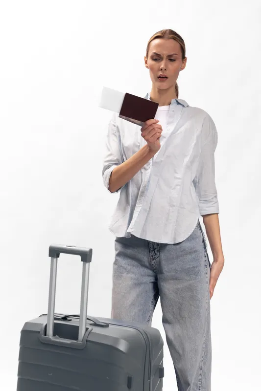 Young woman with suitcase checks passport and boarding pass, standing isolated on white background. Concept for travel preparation, airport, and journey planning with luggage and documents.