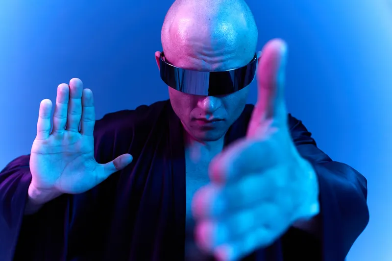 Futuristic man in sunglasses performing a dynamic gesture, illuminated by neon blue lights, showcasing a striking black and white aesthetic.