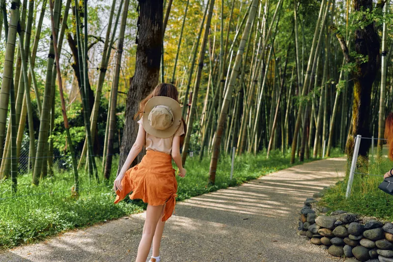 Woman walking along a bamboo path in a summer forest wearing a straw hat and orange skirt, back view on a peaceful nature trail surrounded by tall trees and green foliage.