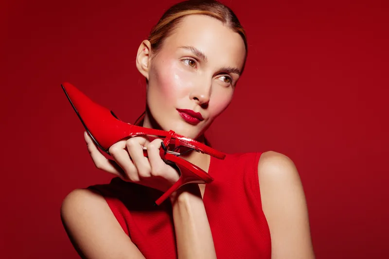 Young woman in red dress holds red high heel shoe near face on red background. Fashion concept with matching colors and elegant style in studio lighting.