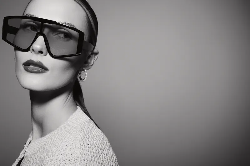 Stylish Caucasian woman with pale skin wearing oversized sunglasses and knitted sweater looks to side in studio with grey background.